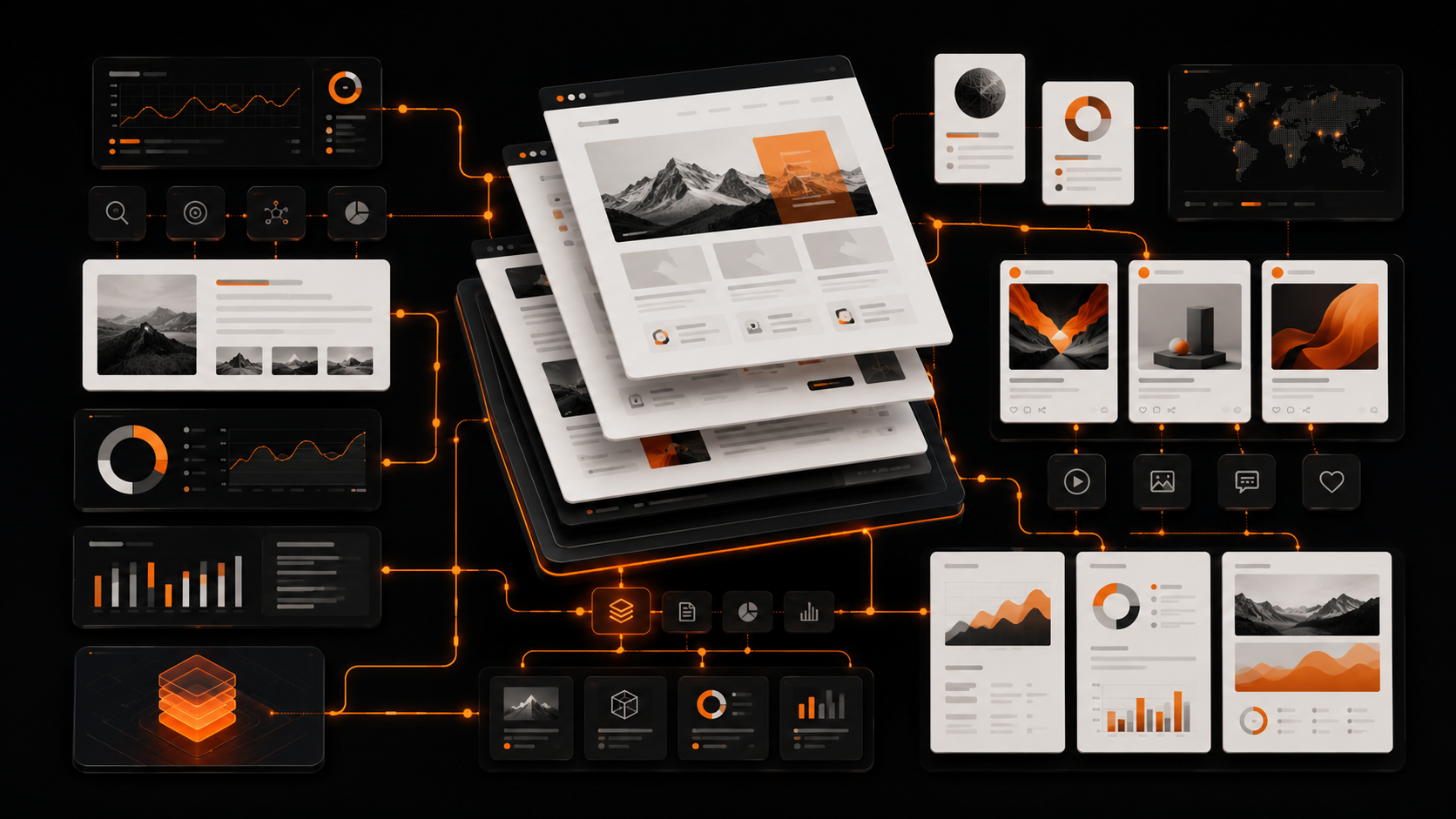Connected content assets including website pages, blog posts, social tiles and reports