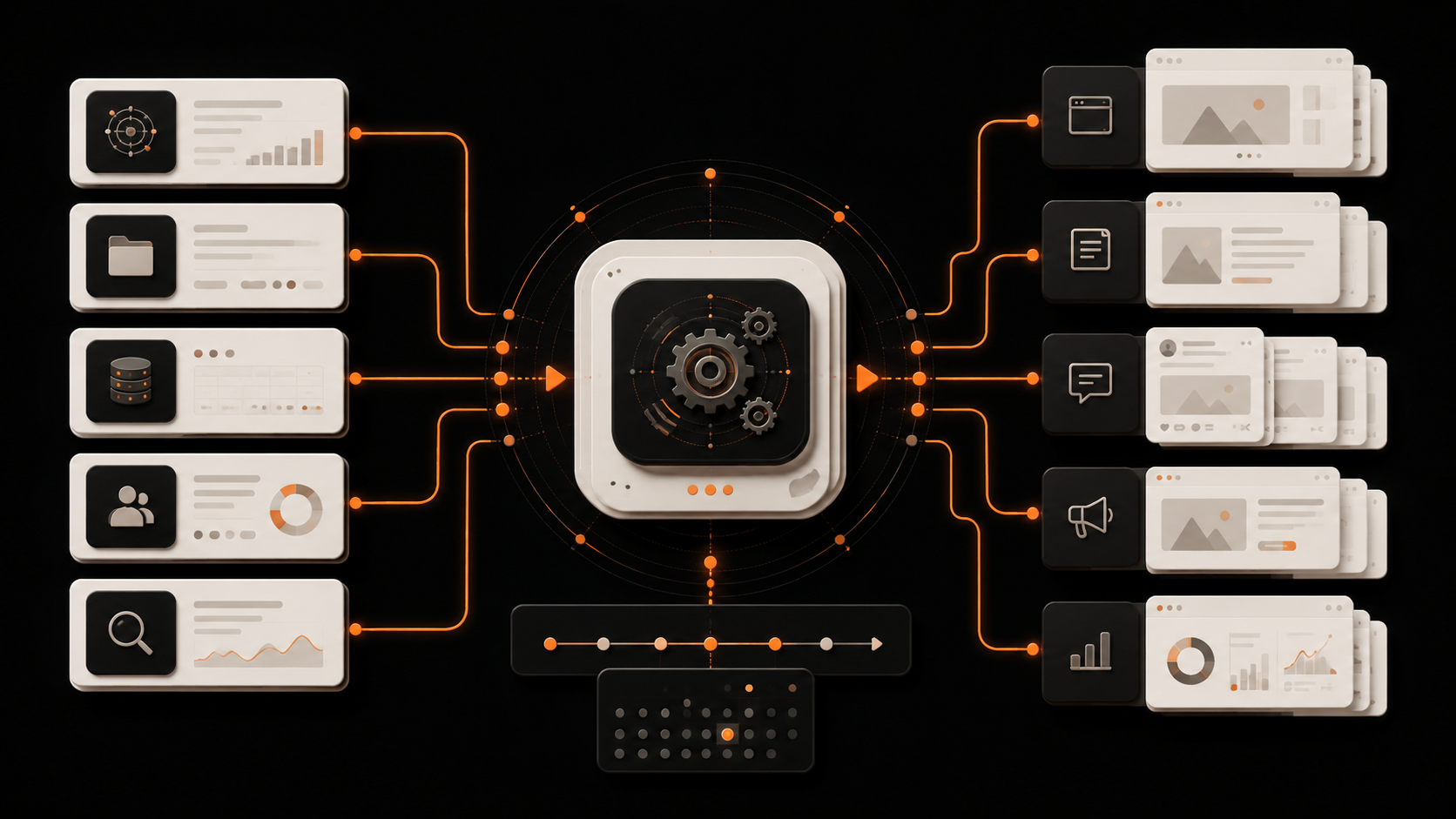 Abstract Fusion Engine workflow connecting data, strategy, content, publishing and reporting