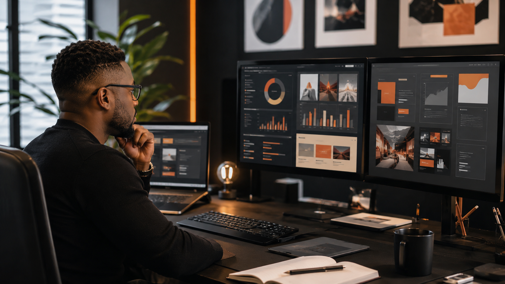 Strategist reviewing AI-assisted marketing outputs across screens and reports